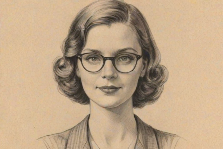 Charming Jessica Hynes, pencil sketch, portrait of Radiant woman 1926s in glasses, hair style beatnik, outline, clear lines, fine lines, 8k