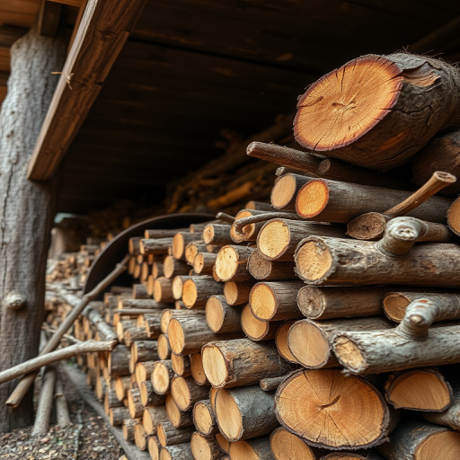 Capture a close-up of stacked wooden logs and branches under a rustic wooden shelter, natural light, aperture f/8, ISO 200, shutter speed 1/60s, DSLR camera, macro lens, high dynamic range.