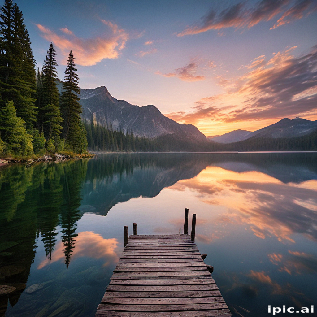 Tranquil Sunset Over Serene Lake with Reflections and Majestic Mountains