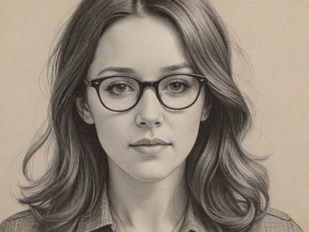 Exquisite Shannon Woodward, pencil sketch, portrait of Graceful woman 1960s in glasses, hair style beatnik, outline, clear lines, fine lines, 8k