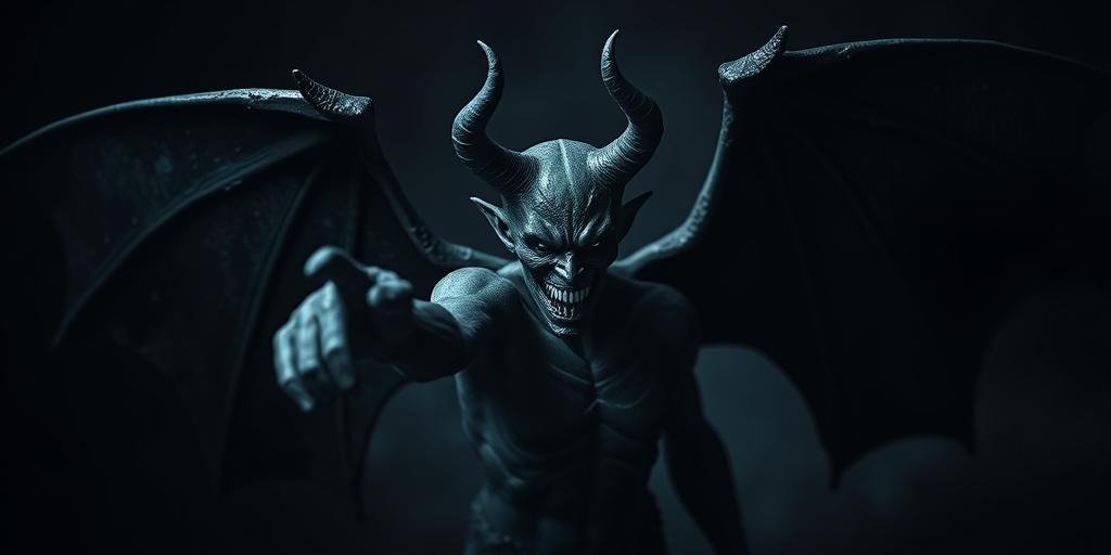 Generate an image of a demonic figure with large bat-like wings, pointing menacingly, in a dark, high-contrast style, captured with a DSLR camera at 50mm, f/1.8, ISO 100, positioned at eye level, with sharp focus on the figure and a blurred background for dramatic effect.