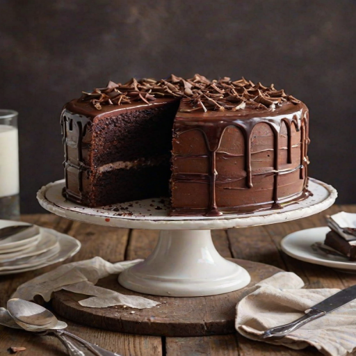 Create an image of a rich chocolate cake with multiple layers, beautifully frosted with glossy chocolate icing. The cake should have a slice cut out to reveal its moist interior, and it should be garnished with chocolate shavings scattered on top and around the base. The setting should have a rustic wooden table and soft lighting to enhance the cake's appeal.