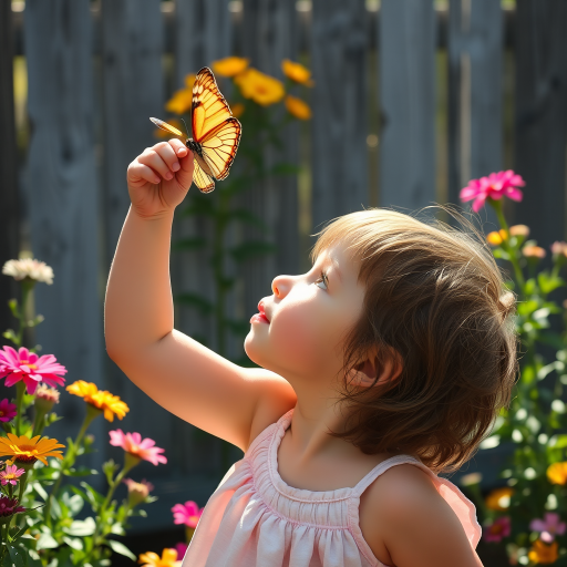 Soft, intimate photo of a young child reaching for a butterfly in a blooming garden, sunlight catching the translucent wings, with bright flowers and a weathered wooden fence in the background.
