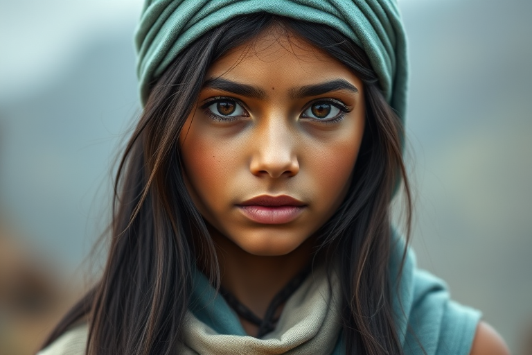 Create a portrait of a young Inca female with long, dark hair and captivating hazel eyes. She is wearing a cyan headscarf and a matching scarf draped gracefully around her neck. The background is softly blurred, focusing attention on her serene and natural expression. The overall color palette is muted and warm, enhancing the intimate and authentic feel of the portrait.