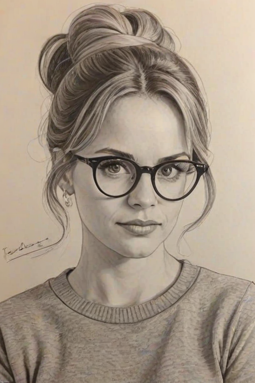 Magnificent Andrea Barber, pencil sketch, portrait of Pleasing woman 1966s in glasses, hair style beatnik, outline, clear lines, fine lines, 8k