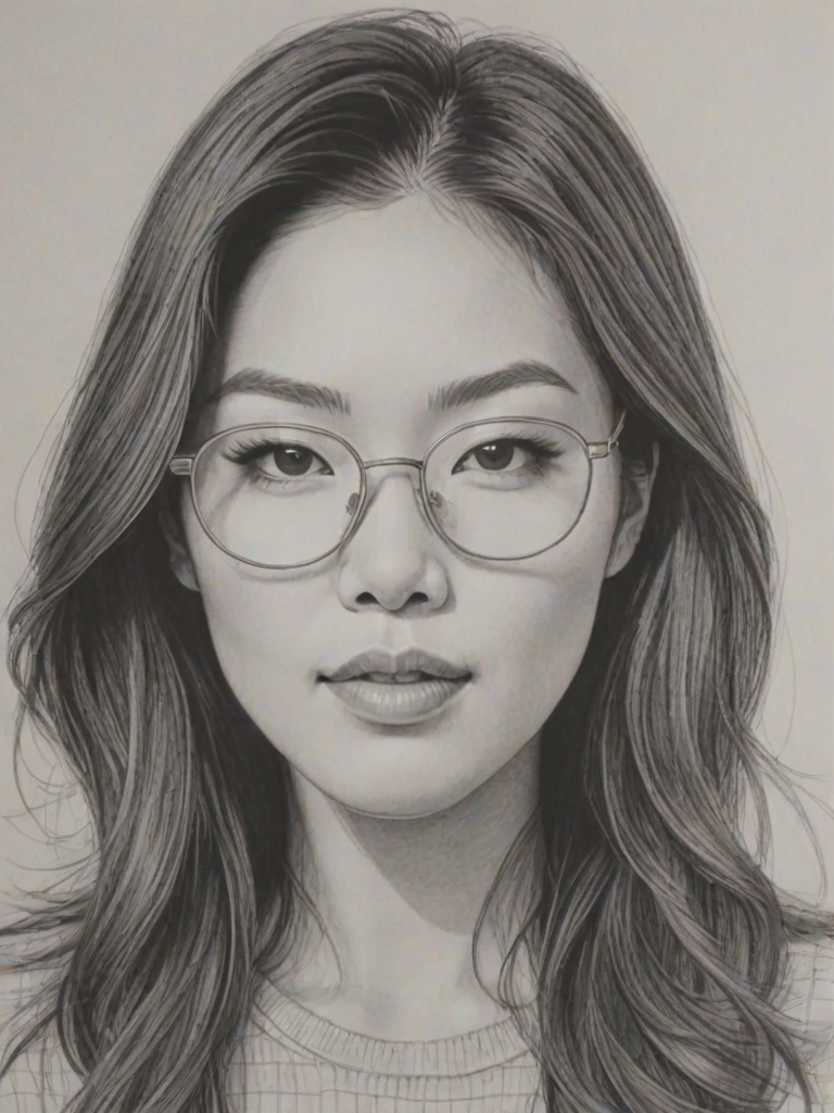 Attractive Arden Cho, pencil sketch, portrait of Superb woman 1969s in glasses, hair style beatnik, outline, clear lines, fine lines, 8k