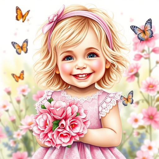 hyperrealism happy smiling toddler girl with messy wavy blonde hair with a headband, she is wearing a pink and white lace dress with pink and white shoes, she is holding a pink bouquet of flowers. Pink flowers and butterflies. summer background. Watercolor Highly detailed