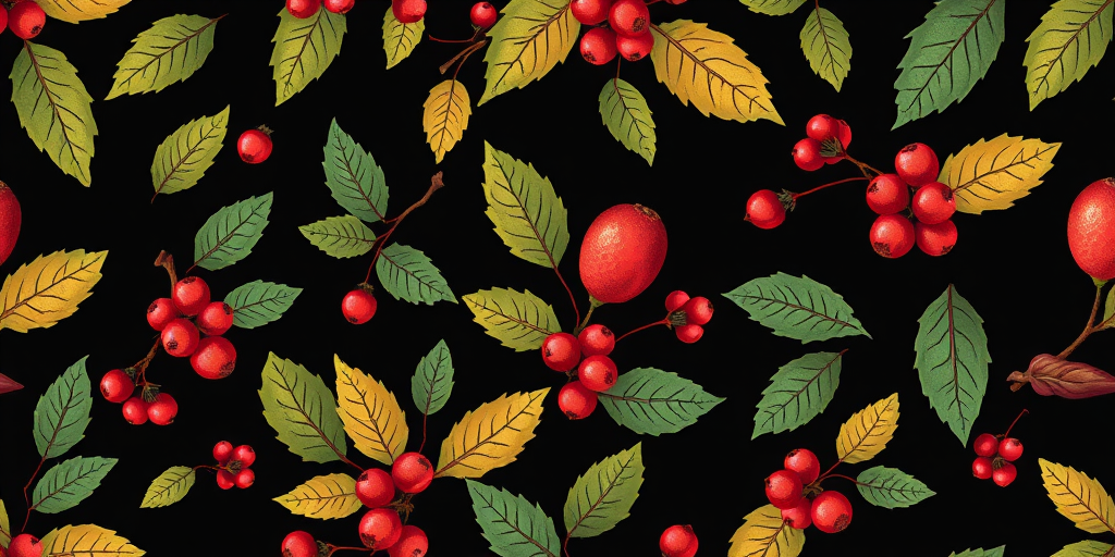 create a seamless pattern of illustrated leaves and berries on a dark background, using a 50mm lens, f/2.8 aperture, ISO 100, aimed from a top-down view, in a flat lay style with high contrast and vibrant colors to enhance image quality