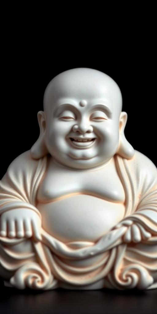 Create a high-resolution image of a smiling Buddha statue, centered against a black backdrop, using a DSLR camera with a 50mm lens, aperture f/2.8, ISO 100, shutter speed 1/100s, soft lighting to enhance texture and details.