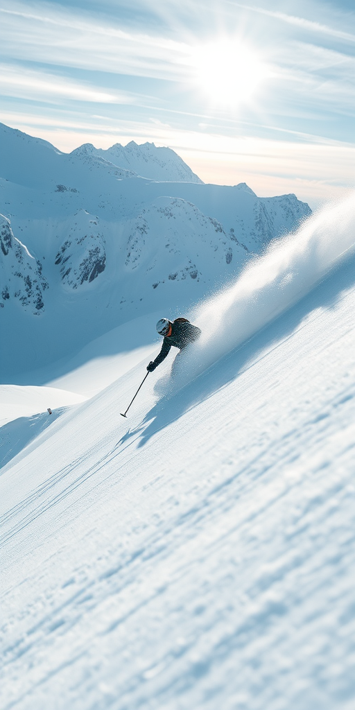 Capture a high-resolution action shot of a skier carving through fresh snow on a mountain slope, using a Canon EOS R5 with a 24-70mm f/2.8 lens, set to ISO 100, shutter speed 1/800s, aperture f/4, from a low-angle perspective to emphasize speed and motion.