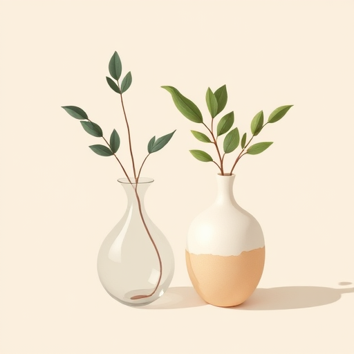 Create a digital illustration of two abstract vases with leaves, soft beige background, use high-resolution settings, 50mm lens, f/2.8 aperture, natural lighting, top-down view, modern minimalist style.