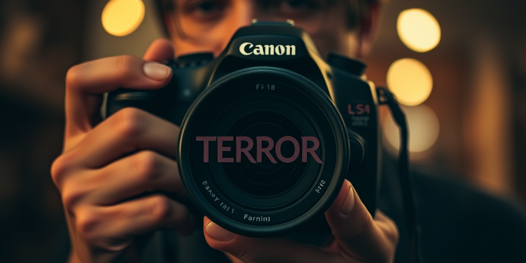 Create a high-resolution image of a person holding a Canon DSLR camera, with the camera lens prominently featuring the word "TERROR" in a dramatic font, shot in low light with a wide aperture (f/1.8) to create a blurred background, using a 50mm lens, and employing a warm color palette for an intense mood.