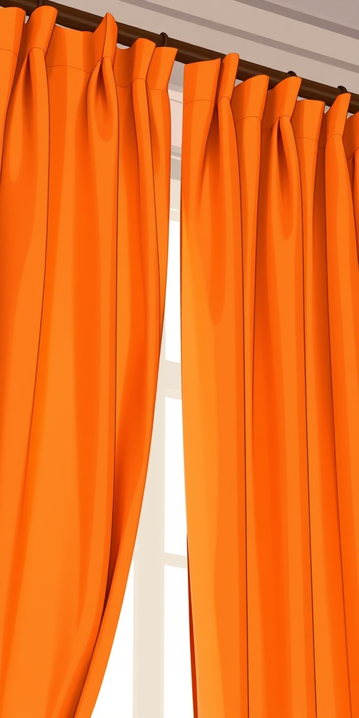 Create a highly detailed illustration of an orange curtain hanging from a wooden rod, capturing soft folds and natural lighting, with a 50mm lens at f/2.8, ISO 100, shot in a bright indoor setting to enhance textures and colors.