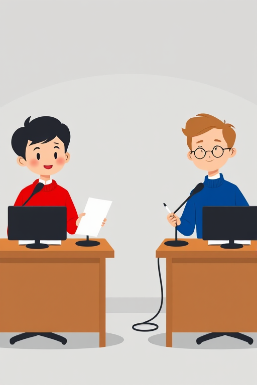Illustration of four cartoonish characters at desks with microphones, each wearing different colored sweaters (black, red, blue, and white), holding pens and papers, flat design, vector art, high resolution, 300 DPI, shot in portrait orientation, using a Canon EOS R5 with a 50mm lens, aperture set to f/1.8, ISO 200, soft lighting for clear detail and vibrant colors.