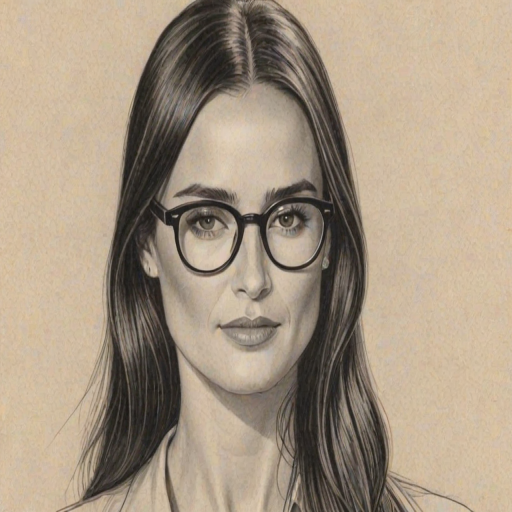 Magnificent Demi Moore, pencil sketch, portrait of Comely woman 1920s in glasses, hair style beatnik, outline, clear lines, fine lines, 8k