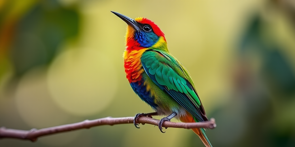 Create a vibrant, detailed image of a colorful bird perched on a branch, shot with a Canon EOS 5D Mark IV, 100mm f/2.8 macro lens, f/2.8 aperture, ISO 200, shutter speed 1/200s, natural light, soft bokeh background, and a slight upward angle view to emphasize the bird's features.
