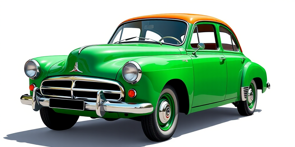 Create a high-resolution vector illustration of a vintage green car with a brown roof, captured in a side view using a DSLR camera at f/8 aperture, 50mm lens, ISO 100, in soft natural lighting for a clean and vibrant look.