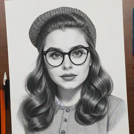 Captivating Beanie Feldstein, pencil sketch, portrait of Stunning woman 1946s in glasses, hair style beatnik, outline, clear lines, fine lines, 8k