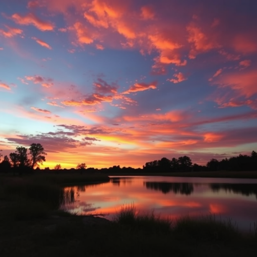 Generate a high-resolution image of a serene landscape at sunset featuring vibrant colors in the sky with a calm lake reflecting the scene, using a DSLR camera, aperture f/8, ISO 100, shutter speed 1/100s, shot from a low angle for depth, in landscape mode.