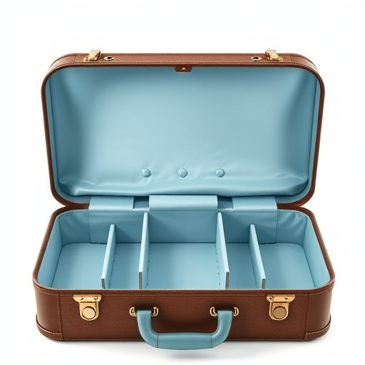 Create a highly detailed illustration of an open vintage suitcase with a light blue interior and dividers, with a soft, diffused lighting effect, using a DSLR camera at f/8 aperture, 50mm lens, and a slight top-down angle to enhance clarity and color vibrancy.