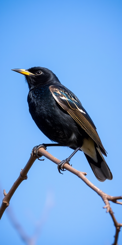 Capture a close-up of a starling perched on a branch against a clear blue sky, using a DSLR camera with a 200mm lens, aperture f/4, shutter speed 1/1000s, ISO 200, natural light, and vibrant colors to enhance detail and depth.