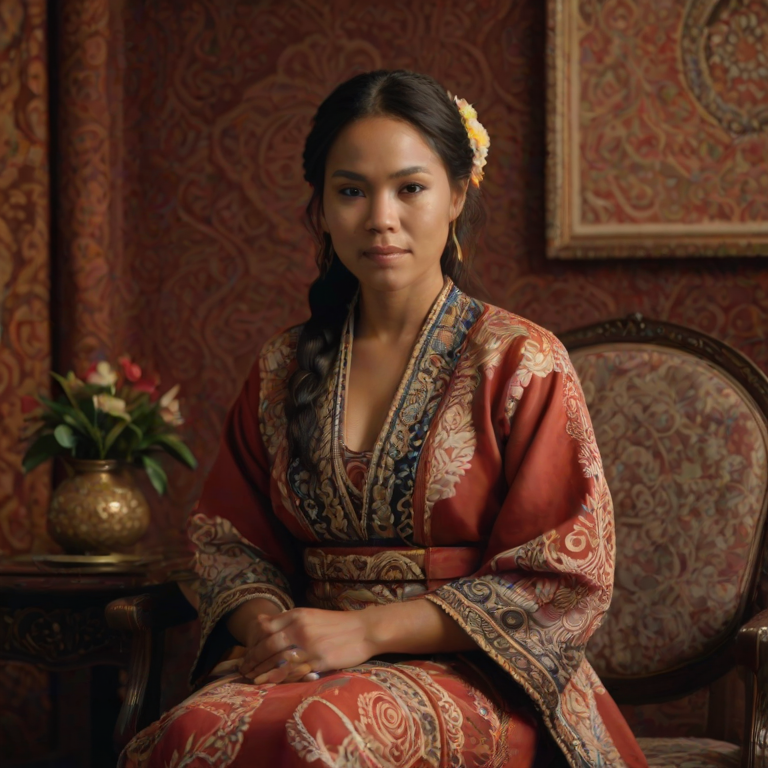 A beautiful Aboriginal Australian woman in traditional East Asian attire, intricately detailed with embroidered patterns, sitting gracefully in a richly decorated room, soft ambient lighting, serene and elegant, ultra-realistic, 8K resolution