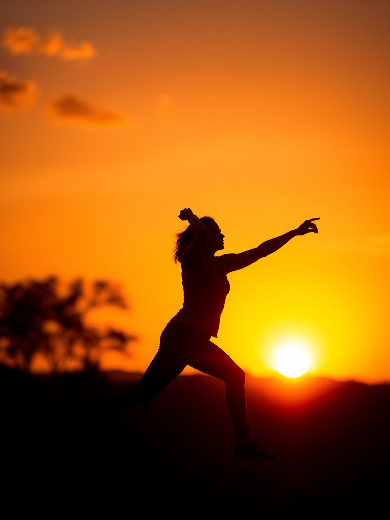 Generate a high-resolution image of a silhouette in a dynamic pose against a vibrant sunset, using a DSLR camera, f/1.8 aperture, ISO 100, with a 50mm lens, at a low-angle view for dramatic effect.