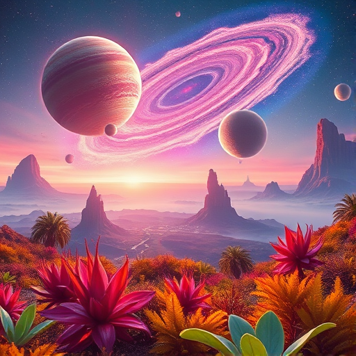 Create a high-resolution digital artwork of a vibrant alien landscape featuring multiple planets and a swirling galaxy in the sky, with lush, exotic vegetation in the foreground, captured with a Canon EOS R5, 24mm lens, aperture f/2.8, ISO 100, in a wide-angle view and saturated colors for enhanced depth and detail.