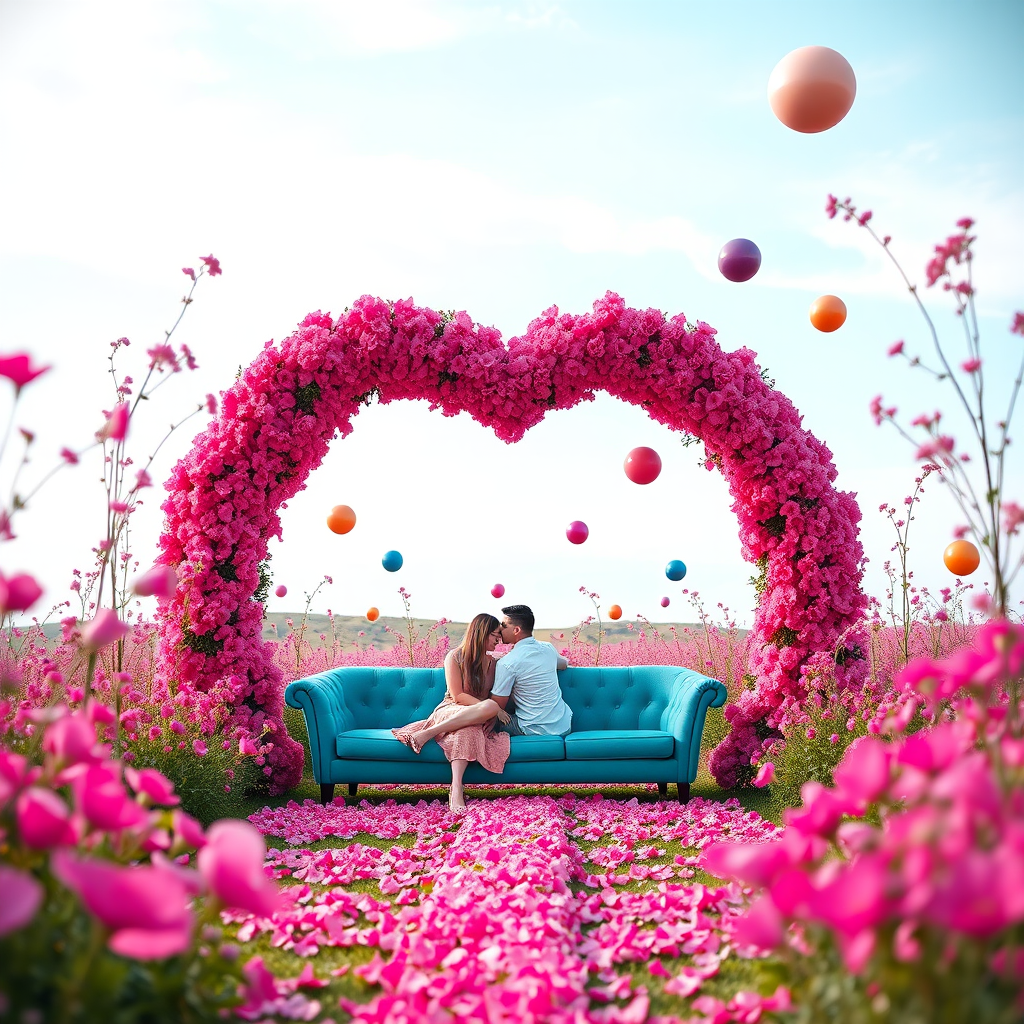Create an enchanting landscape featuring a heart-shaped archway made of vibrant pink flowers and colorful floating spheres, with a couple sitting on a teal couch, in the background include a serene sky, captured using a DSLR camera with a 50mm lens, f/1.8 aperture, ISO 100, high dynamic range settings for enhanced details and colors.