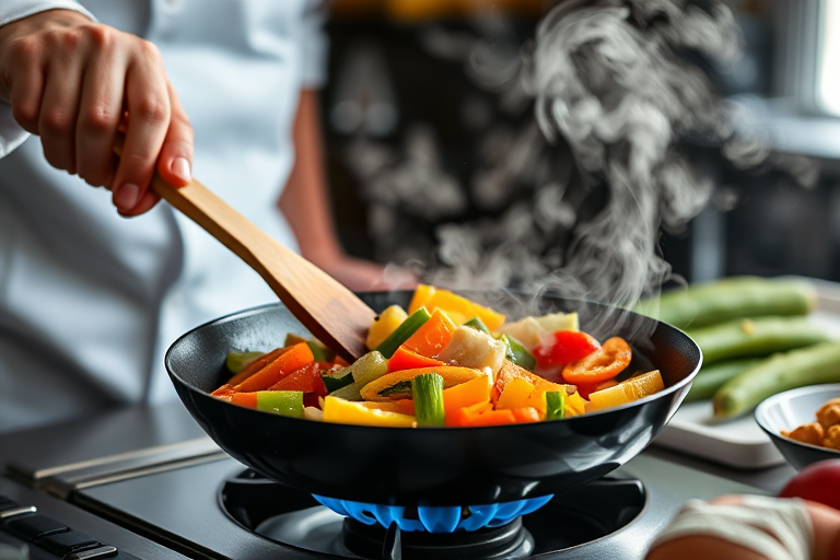 capture a dynamic cooking scene of a chef stirring colorful vegetables in a frying pan over a flame with steam rising, 50mm lens, f/2.8, ISO 200, 1/125 sec, shallow depth of field, natural light, DSLR