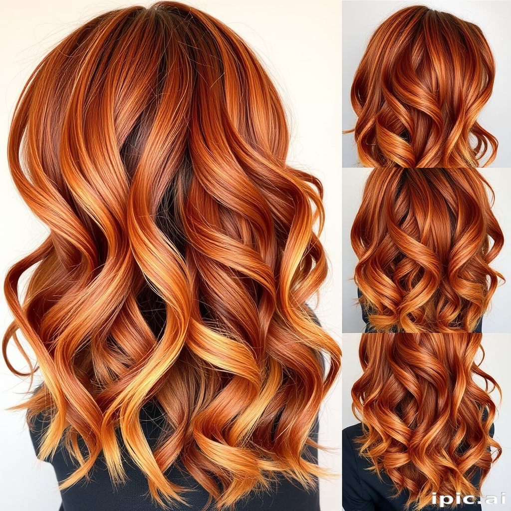 Radiant Autumn Harvest Waves showcasing a warm blend of rich auburn, golden honey, and deep mahogany tones, styled into loose, romantic curls reminiscent of falling leaves