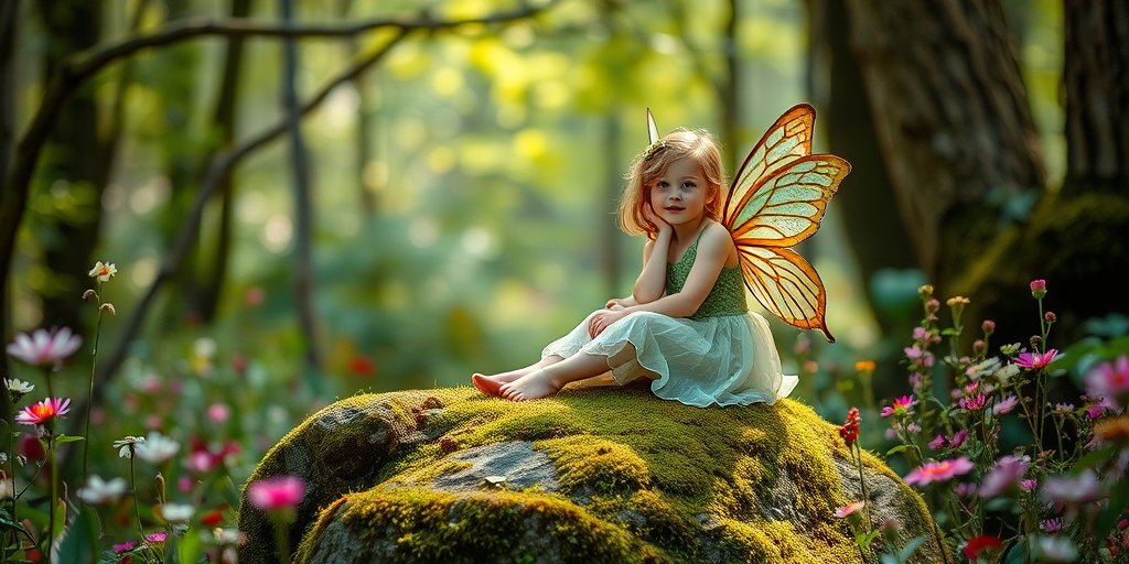 Create a whimsical scene of a young fairy girl with butterfly wings, sitting on a mossy rock surrounded by flowers in a magical forest, using a Canon EOS R5 camera, 50mm lens at f/1.8 aperture, shot in soft natural light with a shallow depth of field to enhance ethereal details.