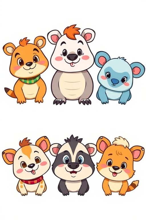Generate a colorful cartoon illustration of six whimsical animal characters, arranged in two columns and three rows, featuring varying expressions and playful accessories, set against a bright, neutral background; camera settings: ISO 100, aperture f/4, shutter speed 1/100s; camera view: eye level; camera style: vibrant colors; camera type: DSLR.