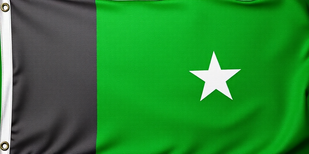 Create an image of a textured green flag with a gray section featuring a star, using a DSLR camera at f/8 aperture, ISO 100, 1/125s shutter speed, taken from a frontal view in natural light, with a slight vignette effect for added depth.