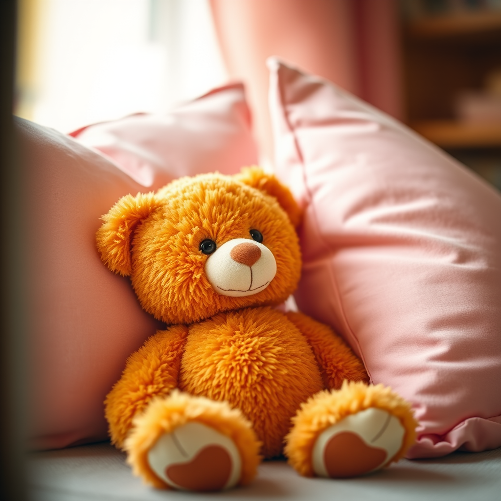 A cute orange teddy bear with a friendly expression sitting beside soft pink pillows, warm indoor lighting, shallow depth of field, DSLR camera, 50mm lens, f/1.8 aperture, ISO 100, natural light.