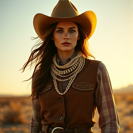 Dramatic photo of a beautiful Western American woman, classic cowboy attire, confident and free spirit expression, half-length portrait, centered, golden hour desert landscape, warm, diffused light, low angle, medium format film camera, in style of Annie Leibovitz.
