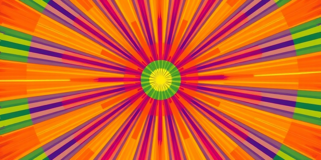 Create a vibrant, colorful starburst pattern with radial lines extending outward from a circular center, using a DSLR camera with a 50mm lens, f/8 aperture, ISO 100, and a wide-angle view to enhance sharpness and detail.