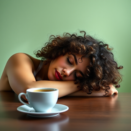 A woman with curly hair resting her head on a table in a minimalist setting, with a steaming cup of coffee beside her, soft green background, shot with a Canon EOS R, 50mm lens, f/1.8, ISO 100, natural light, focus on subject with shallow depth of field.