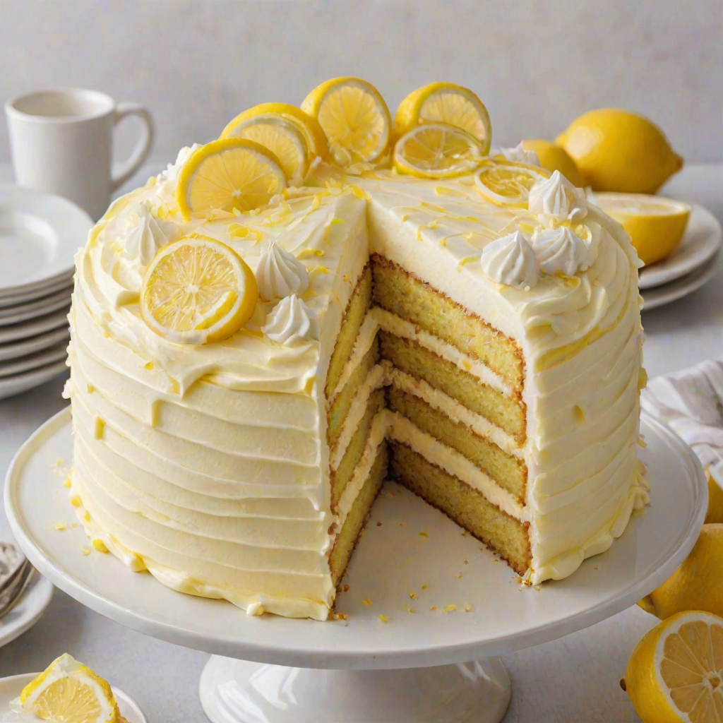 Create an image of a beautifully decorated lemon cake with yellow and white striped frosting. The cake should have layers visible, showcasing its light and fluffy texture. Include lemon slices as a garnish on top and around the base for added freshness. The setting should be bright and inviting, with a simple white cake stand.
