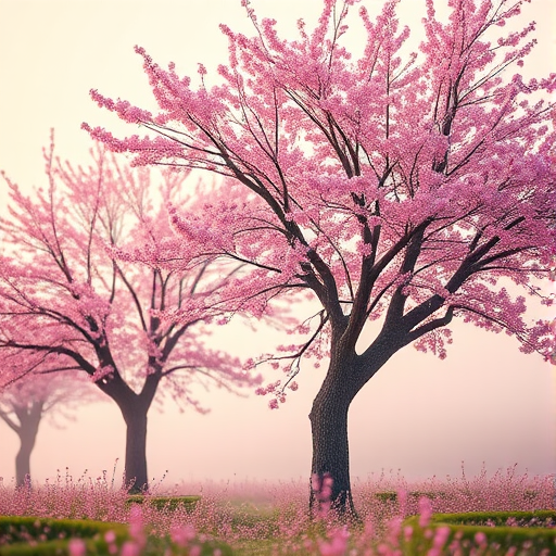 Create an image of two blossoming trees with vibrant pink flowers in a mystical landscape, captured with a Canon EOS 5D Mark IV, 50mm lens, f/1.8, ISO 100, shot from a low angle to enhance depth, utilizing a warm color palette and soft focus for a dreamy effect.