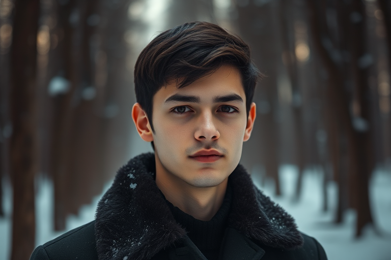 portrait of a young man with short dark hair in a snowy forest, wearing a black coat with fur collar, soft natural light, shallow depth of field, 50mm lens, f/1.8, ISO 200, 1/200s, cinematic style