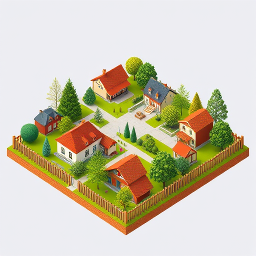Generate a detailed isometric illustration of a village with multiple houses, trees, and a surrounding fence, using a DSLR camera at f/8 aperture, ISO 200, 24mm focal length, wide-angle view, and high dynamic range for enhanced image quality.