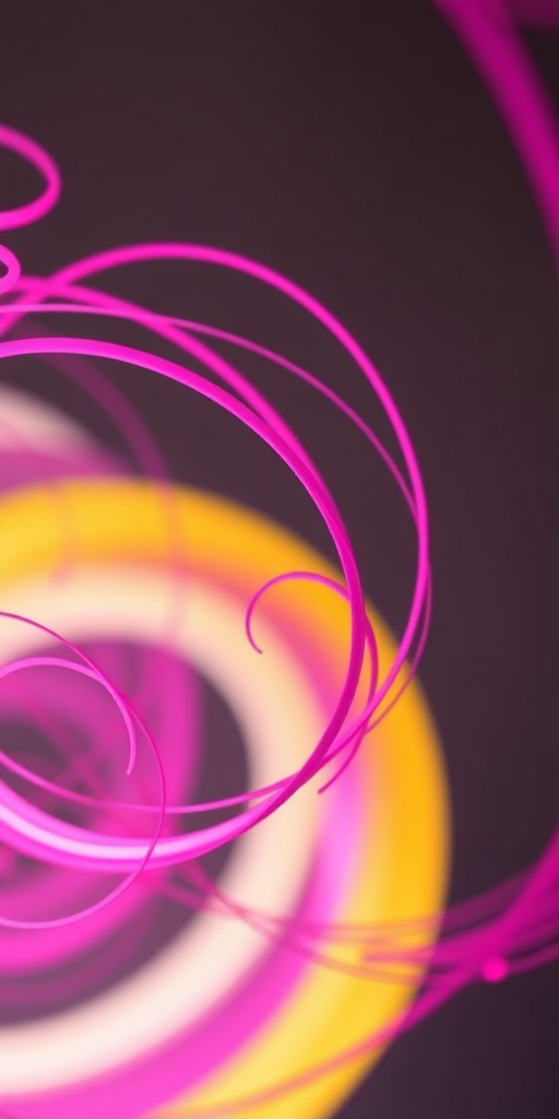 Create a vibrant abstract artwork featuring swirling pink lines and spirals against a contrasting background, captured with a Canon EOS R5, 50mm lens, f/1.8 aperture, ISO 100, in daylight with a soft focus style.