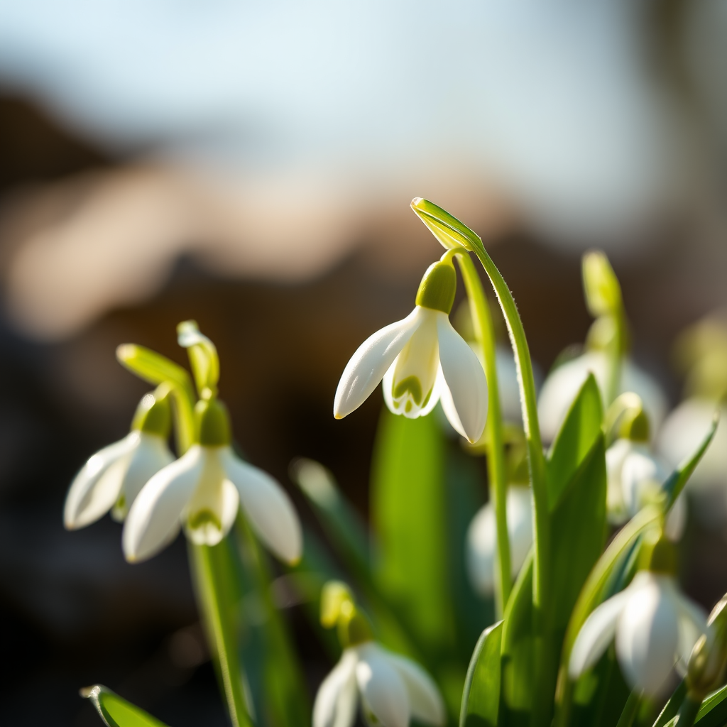 Close-up of snowdrop flowers with a soft-focus background, using a Canon EOS R5, 85mm f/1.8 lens, aperture set to f/2.8, ISO 100, shallow depth of field, natural soft lighting, macro photography style.