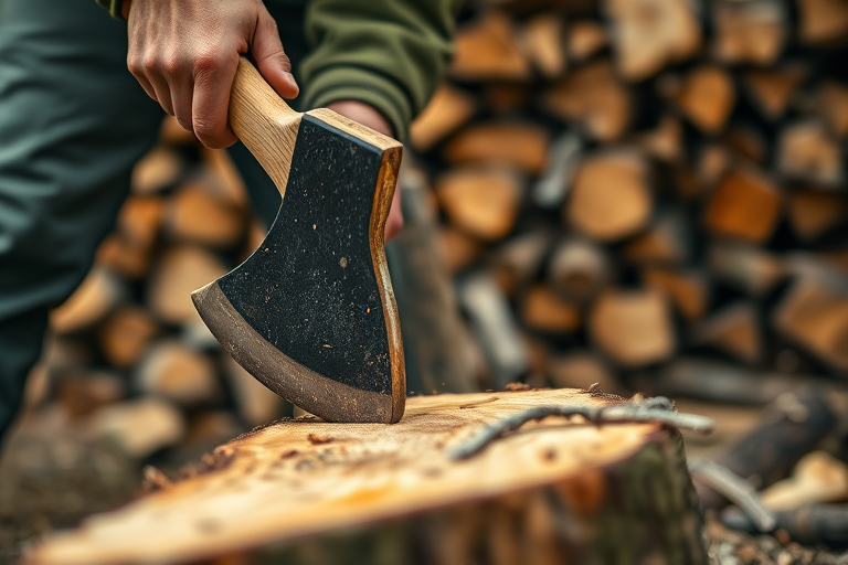a close-up of a person chopping wood with an axe in a woodpile background, using a Canon EOS R5 camera, aperture f/2.8, shutter speed 1/100 sec, ISO 200, natural lighting, focus on the axe and wood with a blurred background