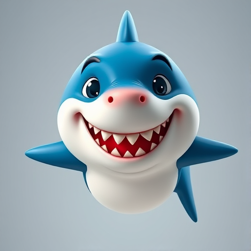 cartoon shark character with a big smile, vibrant colors, high detail, front view, 35mm lens, f/8 aperture, ISO 100, studio lighting