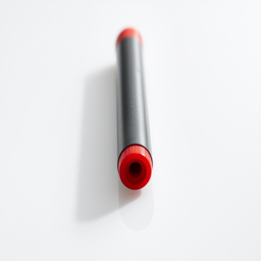 Generate an image of a slim, cylindrical object with red end caps on a transparent background, shot in high resolution with a DSLR camera, using a 50mm lens, aperture at f/2.8, ISO 100, and natural lighting for clarity and detail.