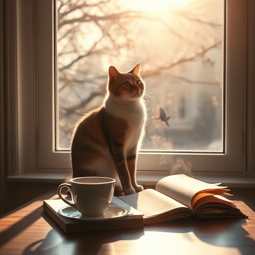 High-contrast image of a cat sitting on a windowsill, sun streaming in through the glass, casting shadows of tree branches on the floor, soft focus on the cat's eyes as it watches birds outside, a cup of tea steaming on a table nearby, a book left open with pages fluttering in the breeze.