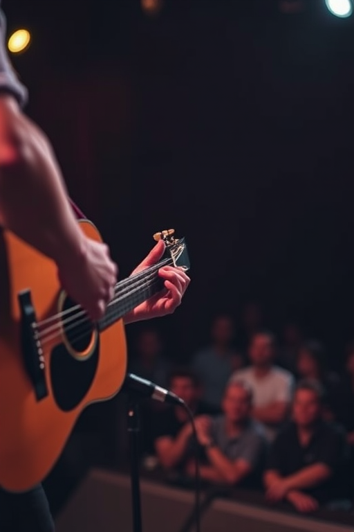 Blurry action shot of a musician strumming an acoustic guitar on a dimly lit stage, soft focus on the motion of their fingers, distant audience members watching with rapt attention.