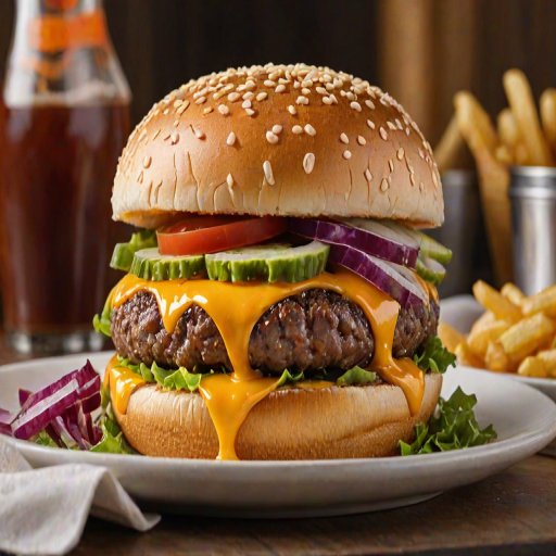 High-resolution, close-up image of a gourmet double cheeseburger. The burger features a glossy, sesame-seed-topped brioche bun. Inside, there are two thick, juicy beef patties, each topped with melted cheddar cheese. The burger is garnished with fresh lettuce, tomato slices, diced onions, and pickles. A generous amount of ketchup and a creamy, orange-colored sauce is dripping down the sides, adding to the mouth-watering appeal. In the background, there are blurred elements including a side of golden French fries and a hint of a beverage, enhancing the overall presentation of a delicious meal.